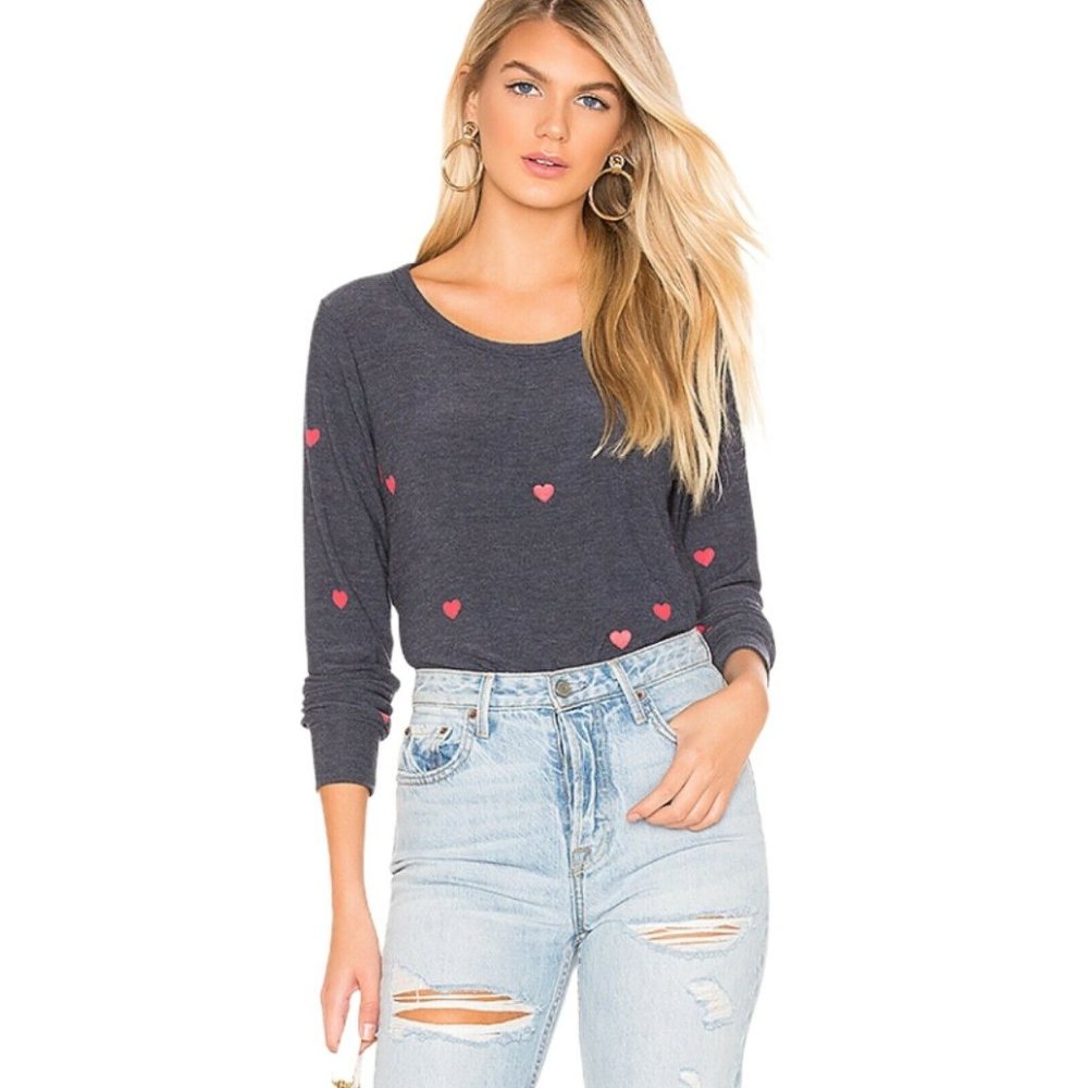 Chaser Women Large Blue Tiny Heart Sweater in Aval